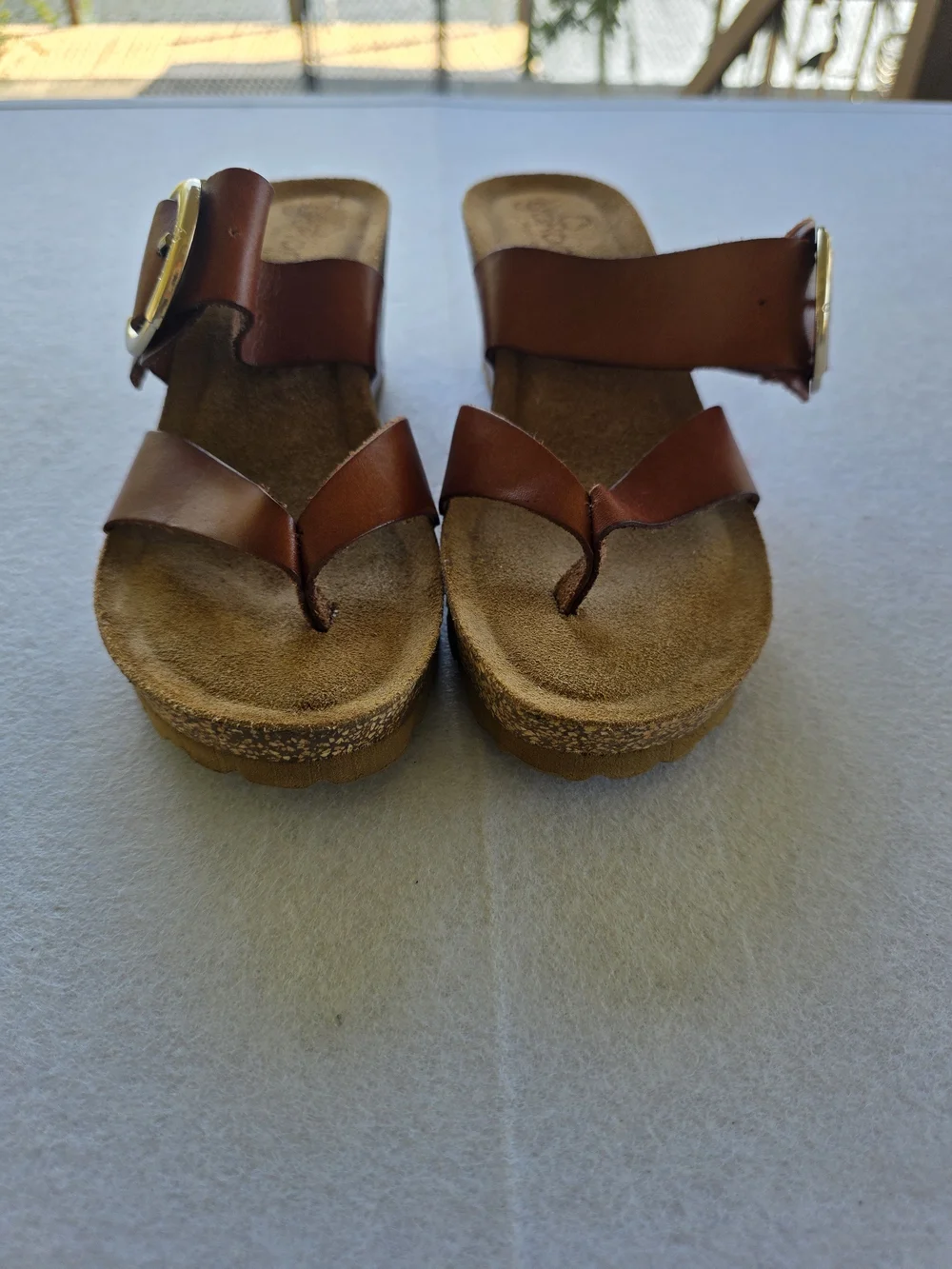 Yokono Cottagecore Brown Leather Buckle Wedge Sandals